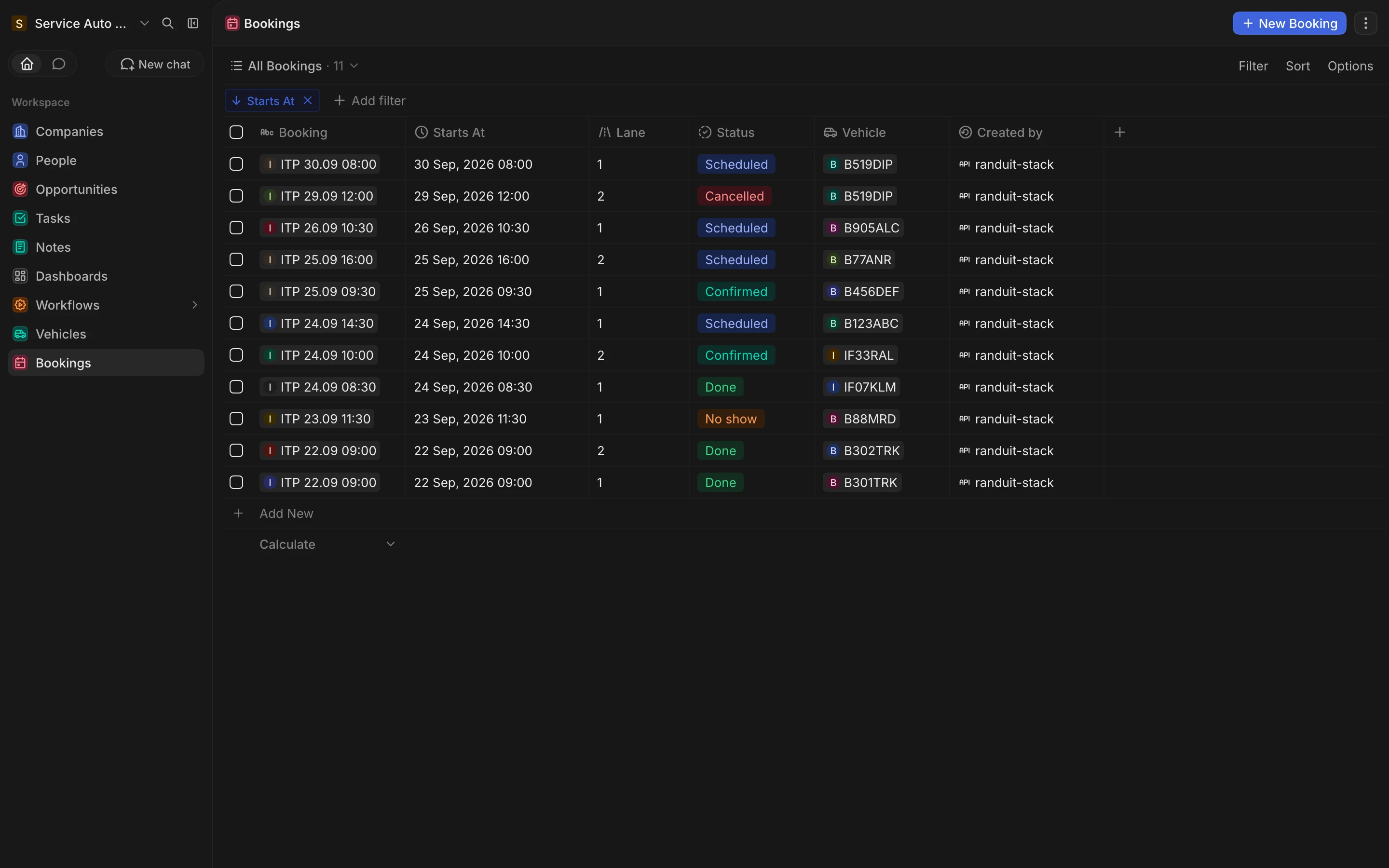 The station's CRM: bookings with date, lane and status, each created by the agent.