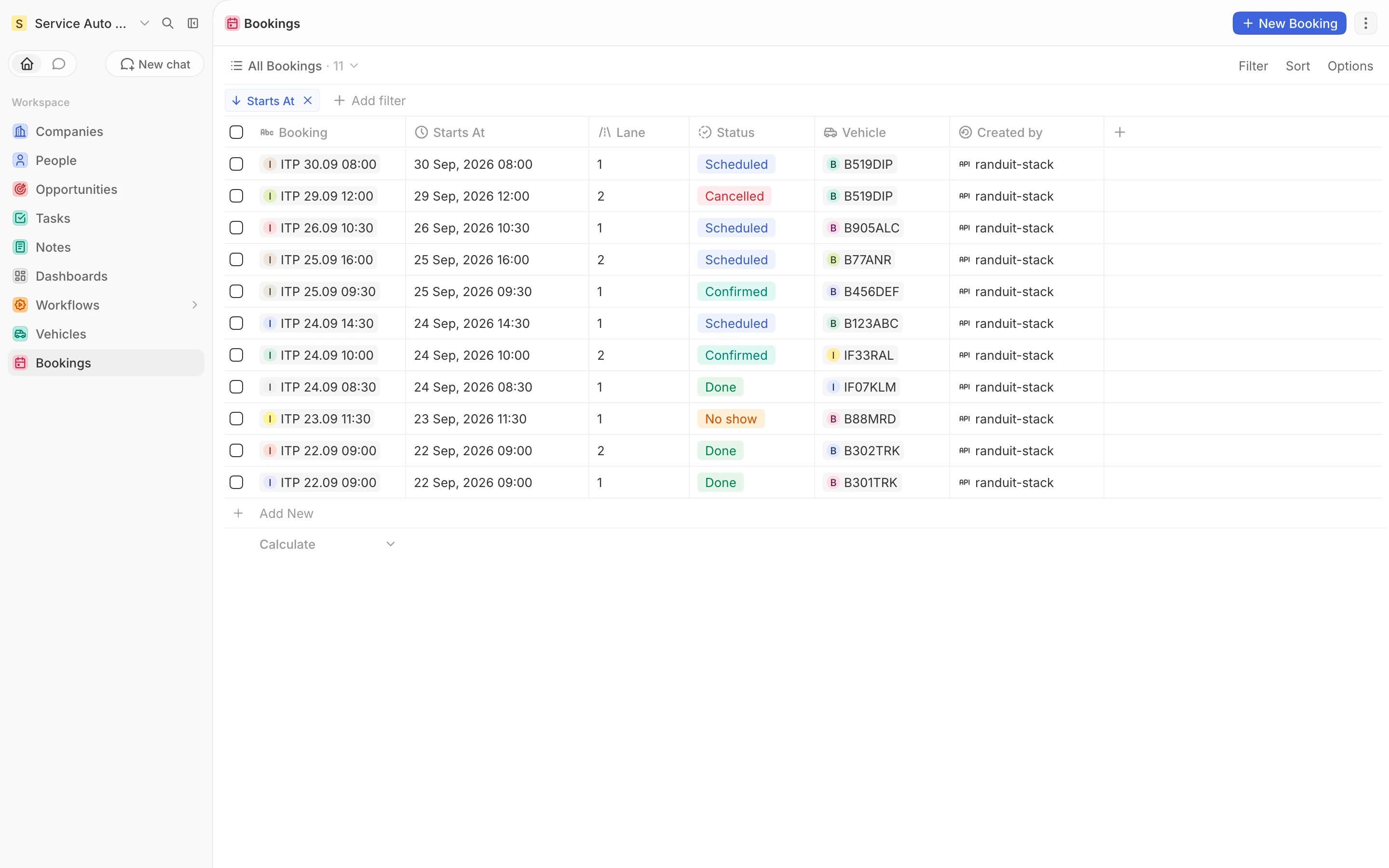 The station's CRM: bookings with date, lane and status, each created by the agent.