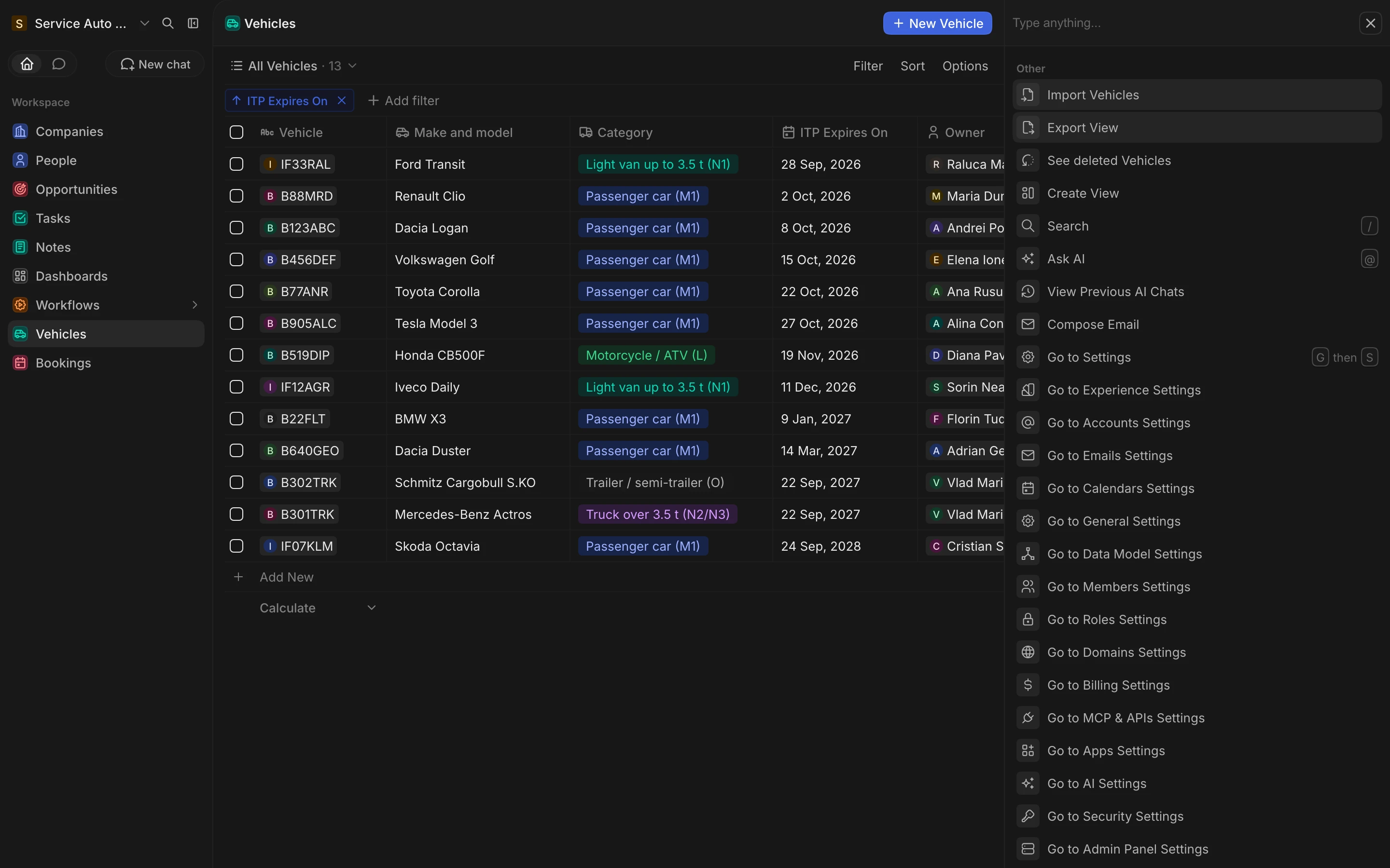 The station's CRM: the command menu with the vehicles table export.