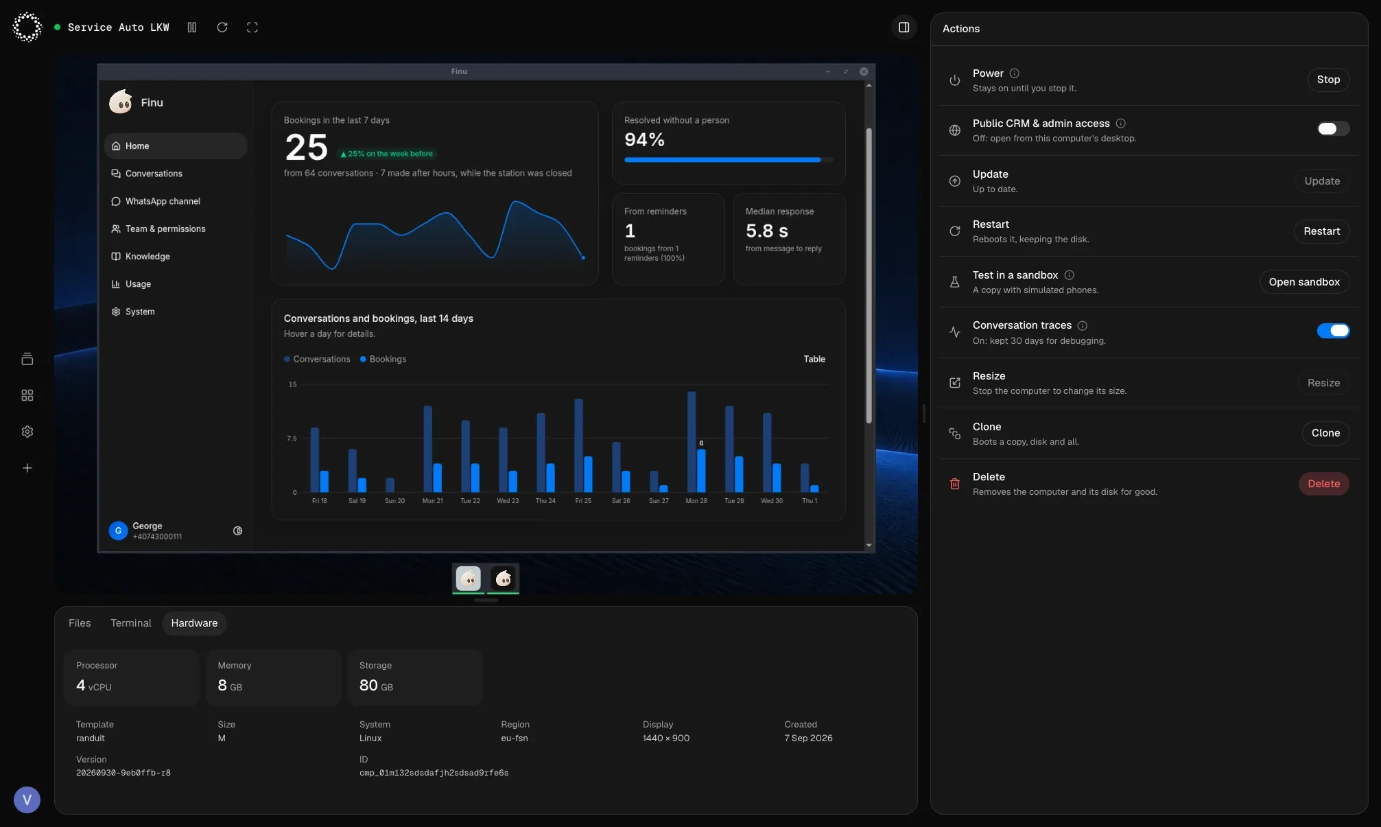 A computer's page in the Dashboard: its live desktop with the Finu Panel open, and the computer's actions beside it.