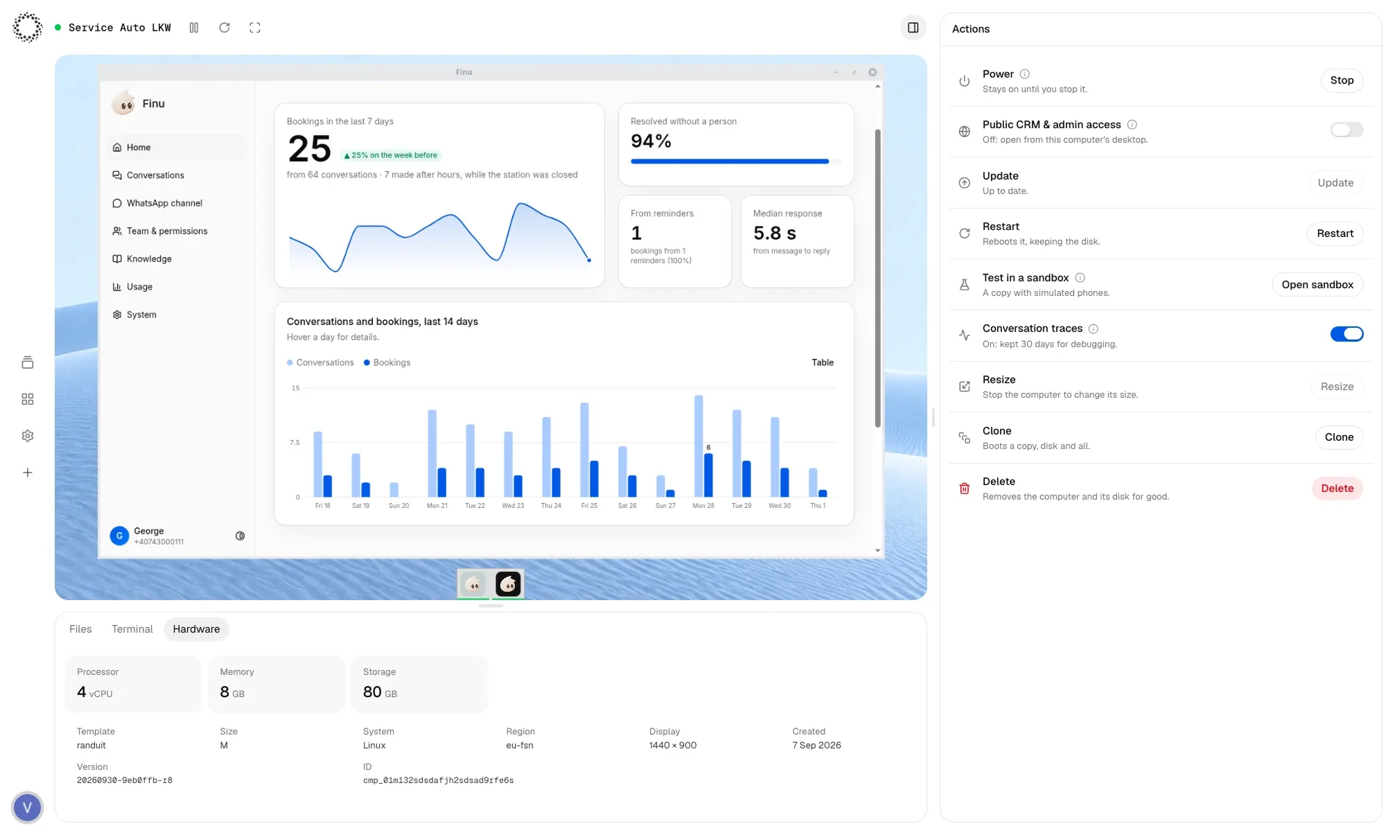 A computer's page in the Dashboard: its live desktop with the Finu Panel open, and the computer's actions beside it.